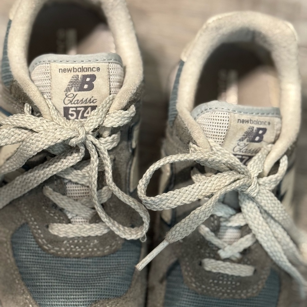 Grey and light blue New Balance Classic 574 in good condition.